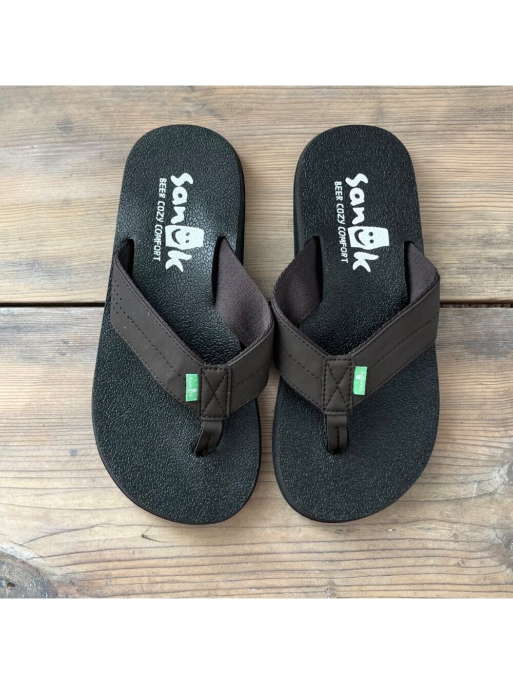 Sanuk Beer Cozy Coaster Flip Flops Mens 7 Brown Yoga Mat Footbed Comfort
